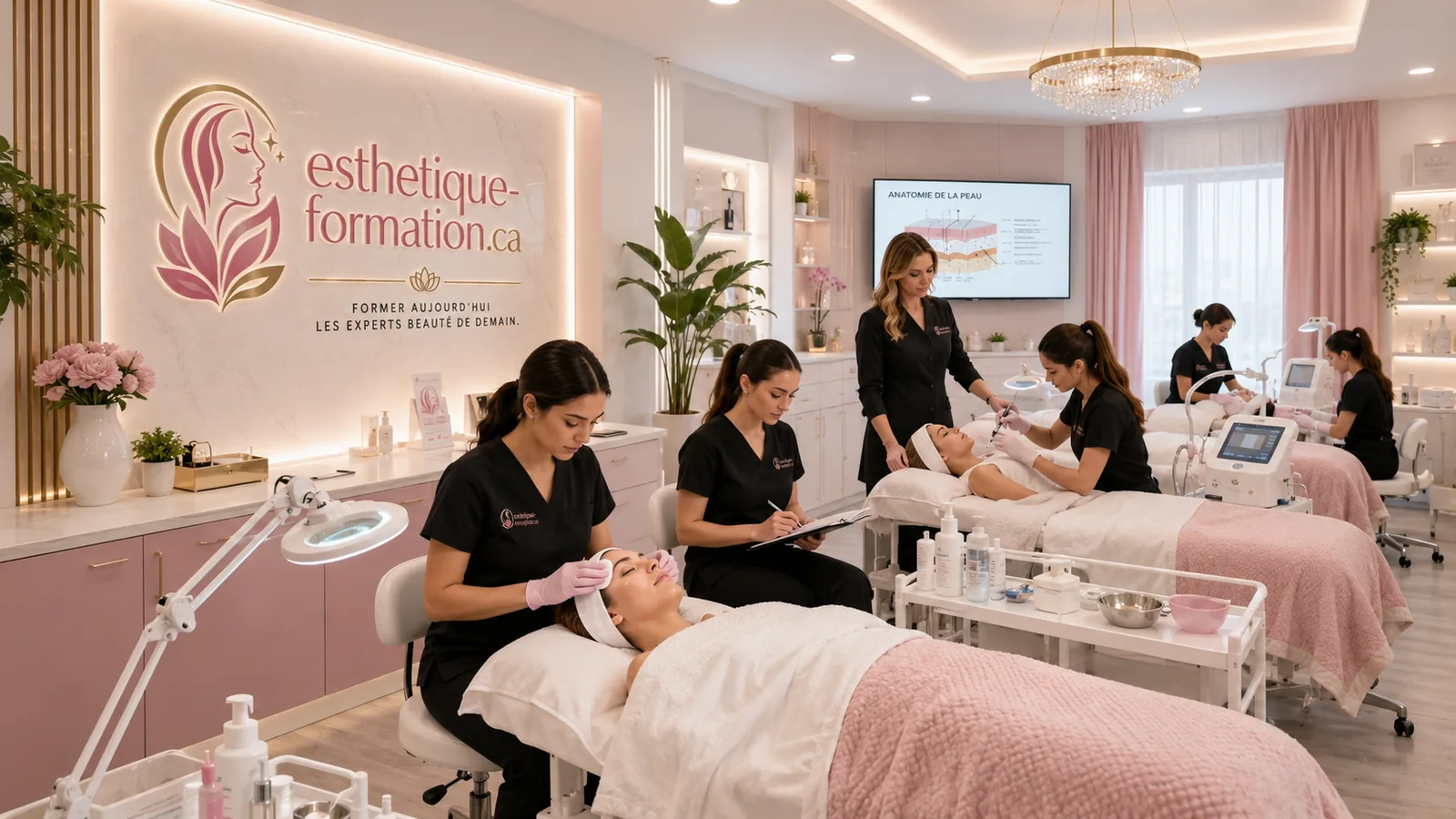 Salle de formation en esthétique équipée, avec postes de soins et formatrices